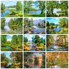 Huacan квадратнаякруглая алмазная живопись, полная выкладка, лес, пейзаж, мозаика, дерево, река, вышивка, домашний декор, алмазная живопись