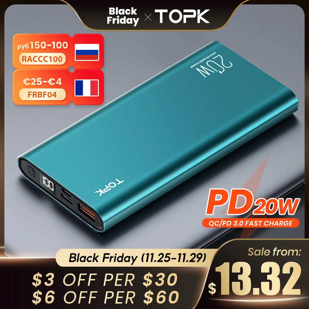 TOPK-Batería Externa I1007P para móvil, cargador portátil de 10000 mah, PD, 20W, carga rápida, para