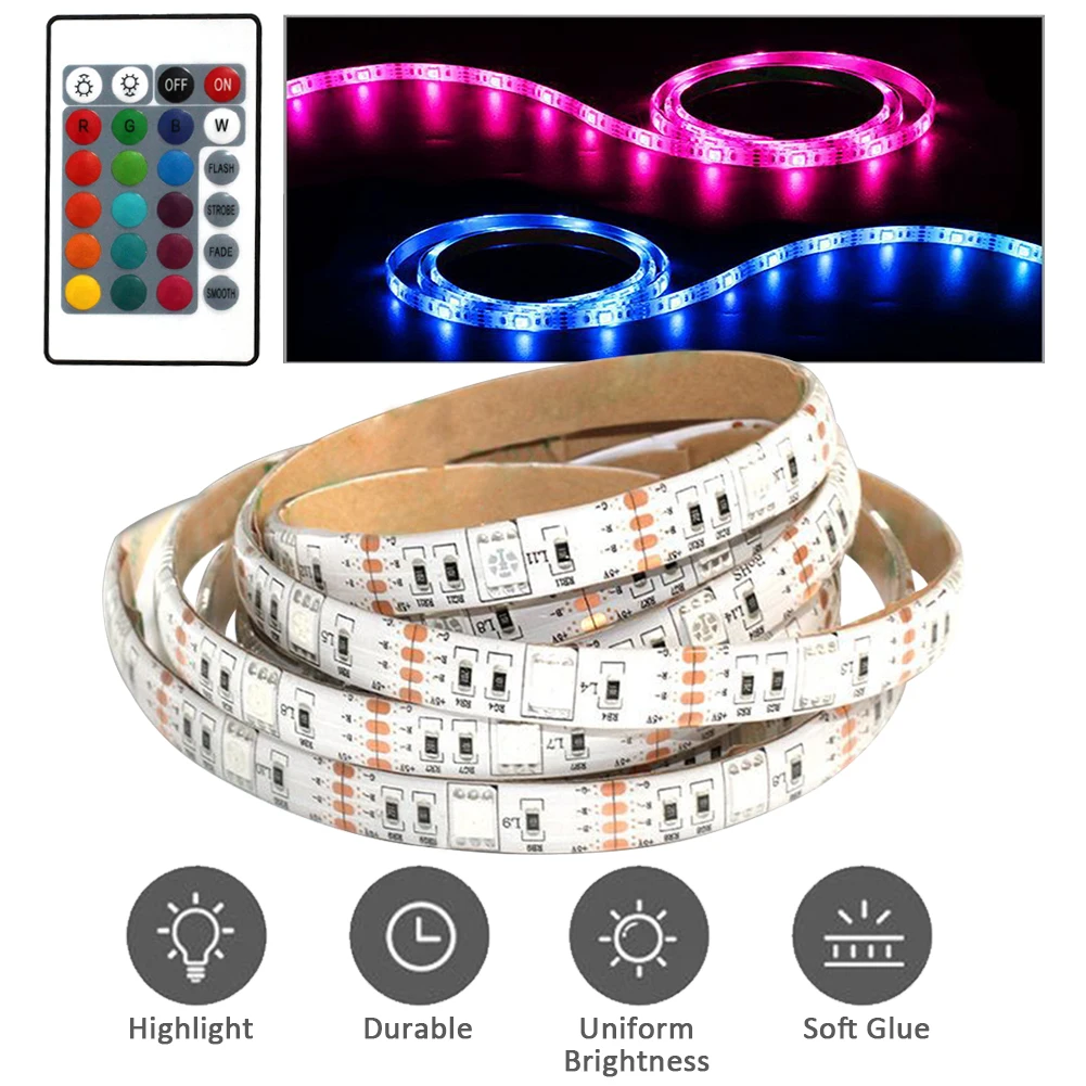 

Battery Powered DIY Plug And Play LED Strip Lights 24 Keys Remote Controlled RGB Indoor Outdoor Color Changing Self