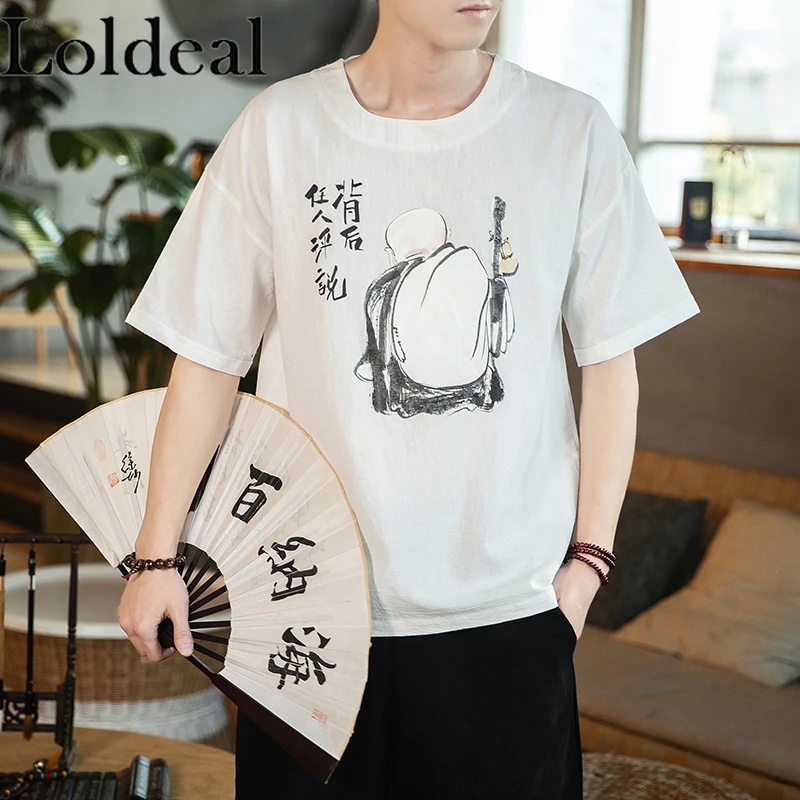 

Loldeal Chinese Style Short-sleeved T-shirt Men Round Neck Comfortable Cotton and Linen Printed Casual
