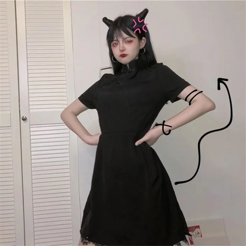 Японское винтажное готическое платье в стиле Харадзюку черное приталенное