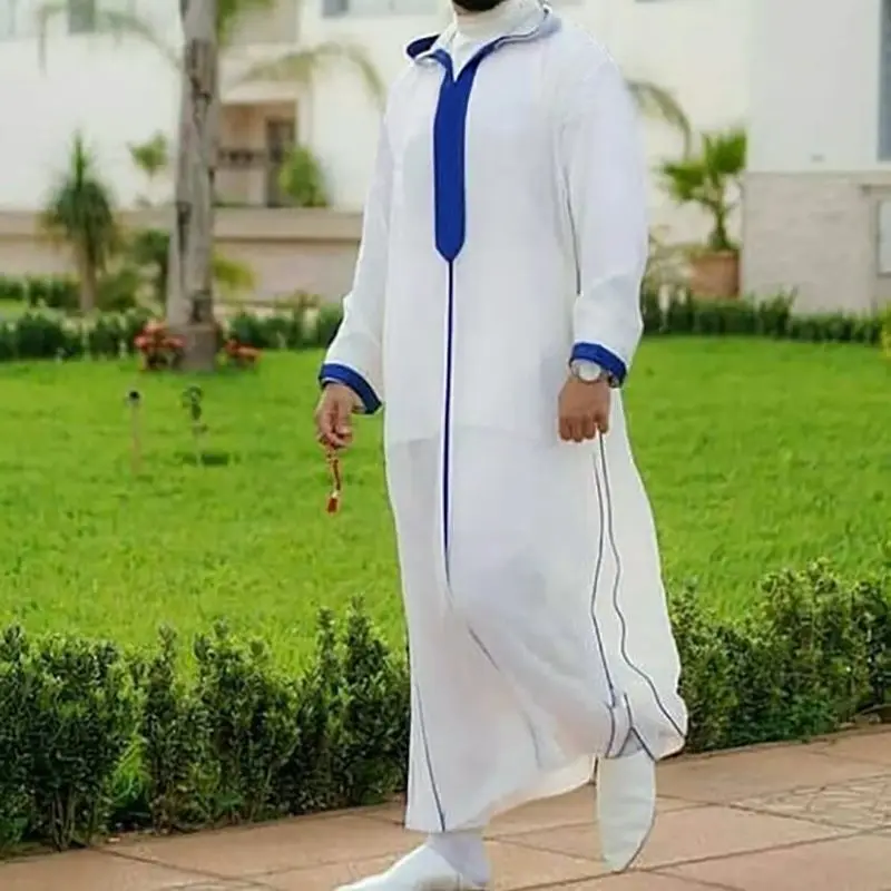 

Men Muslim Kaftan Islamic Arabic Robes Patchwork Vintage Middle East Caftan Hooded Loose Casual Long Sleeve