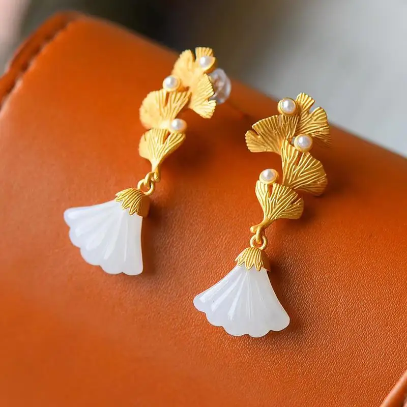 

Ancient Gold Craft S925 Sterling Silver Gilding Hetian Jade Inlaid Ginkgo Leaf Earrings Mild Luxury Retro Unique Ear Studs Earri