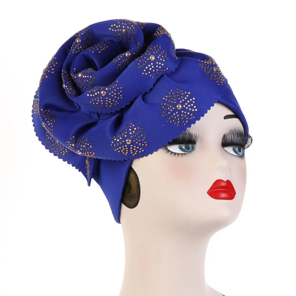 2022 Trendy Women Big Flower Turban Hat Fashion Muslim Hijab Caps Diamonds Head Wrap Ladies Bandana Chemo Cap African Hat