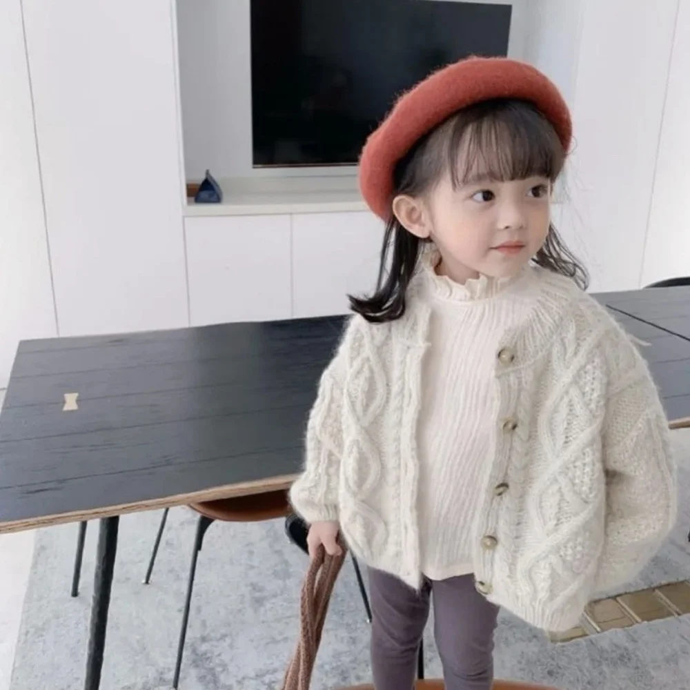 Autumn Winter Girl Cardigan Korean Style Children's Retro Knitted Sweater Toddler Girls Thickened Cardigan Girl's Coat Sweater