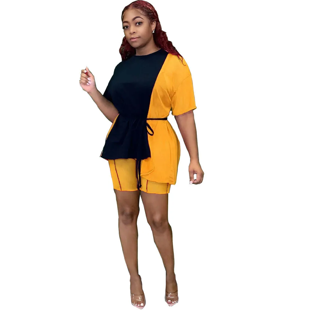 

Casual Women Two Piece Set Color Patchwork With Belt Short Sleeve Sportsuit Summer Clothes For Women