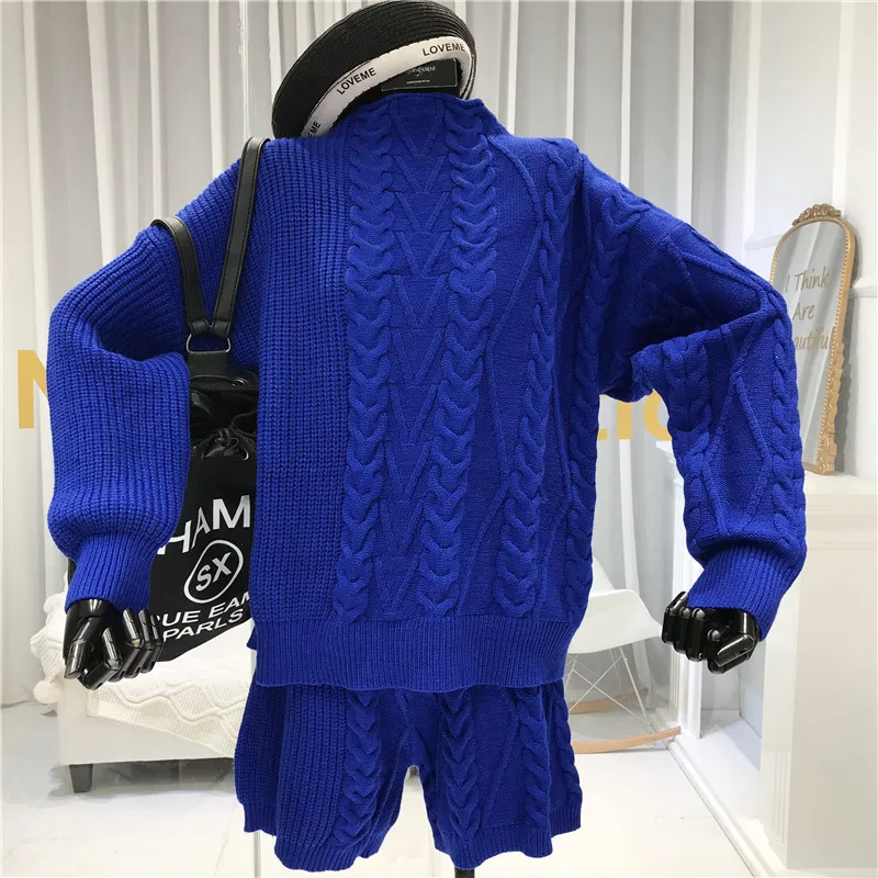 ALPHALMODA, зимний женский модный Свободный пуловер, Ретро стиль, твист, толстый свитер+ шорты, вязанный двухсекционный костюм, Одноцветный, Хит, Короткие комплекты