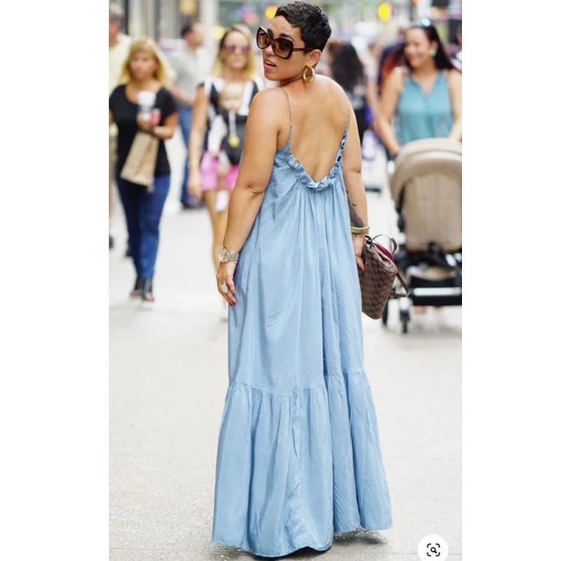 

Ruffles Strapless Casual Boho Beach Dress Women Blue Spaghetti Strap Backless Pleated Dress Summer Sleeveless Long Party Dress