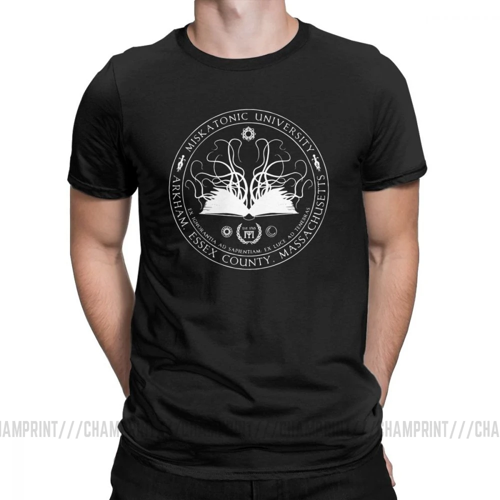 Черный Miskatonic Sigil Call Of Cthulhu, мужские футболки, Miskatonic loveccraft Arkham, хлопковые футболки с короткими рукавами, футболка с круглым вырезом, топы - Цвет: Черный