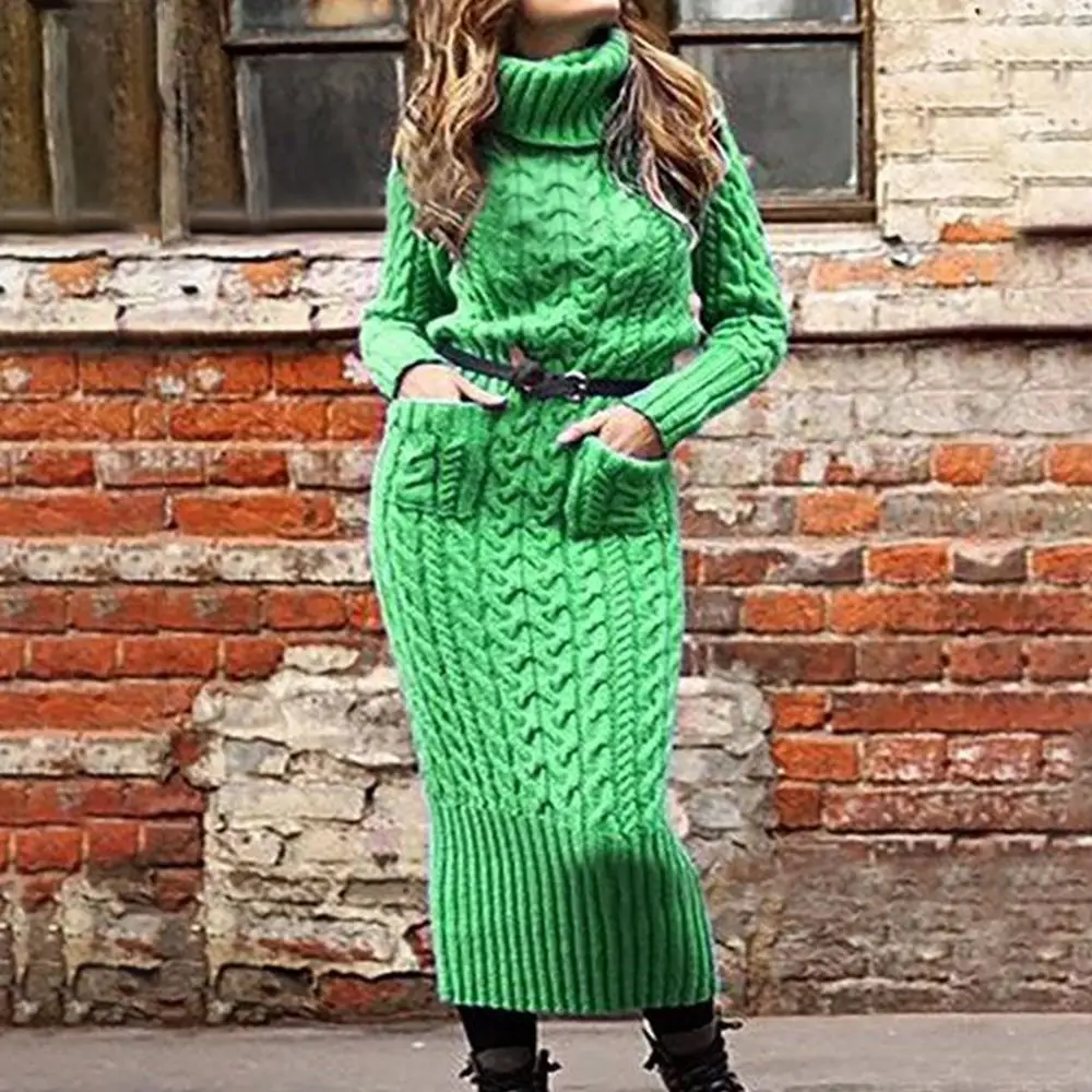LASPERAL Women Winter Sweater Knitted Long Dress Slim Elastic Turtleneck Sleeve Sexy Lady Bodycon Robe Knit Dresses | Женская одежда