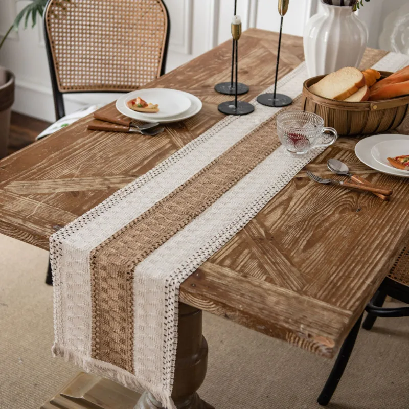 

Natural Material Table Runner Modern Runners Two-color Woven Tassels Christmas Cotton Hemp Splicing Decoration American Style