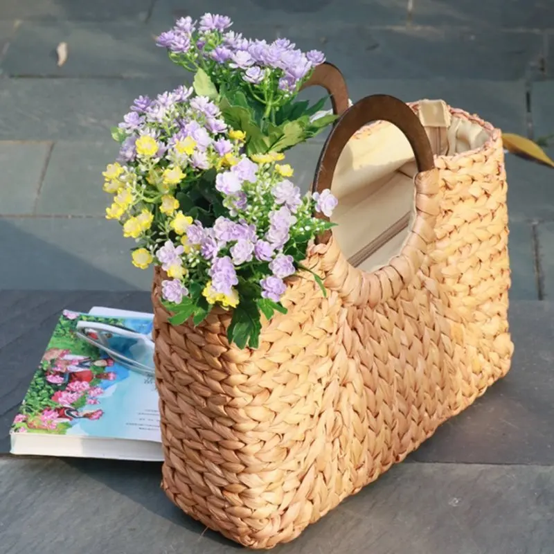 Женская соломенная сумка на плечо пляжная через с деревянной ручкой