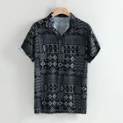 Рубашка мужская с воротником с листьями, модная Гавайская хлопково-льняная рубашка с этническим принтом, с короткими рукавами, # L20, лето