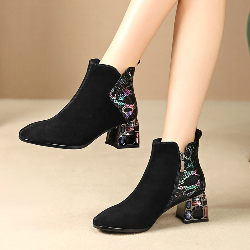 

ISNOM Crystal Heels High Boots Women Ankle Booties Square Toe Shoes Female Sheepskin Shoes Ladies Party Shoes Winter 2020 New