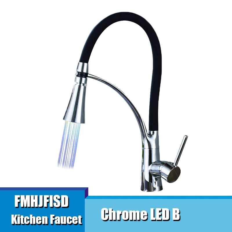 Chrome Black LED A Полированный хромированный кухонный кран для горячей и холодной воды с одной ручкой, с одним отверстием, с двумя функциями, распылитель, кран для воды - Цвет: Chrome Black LED A