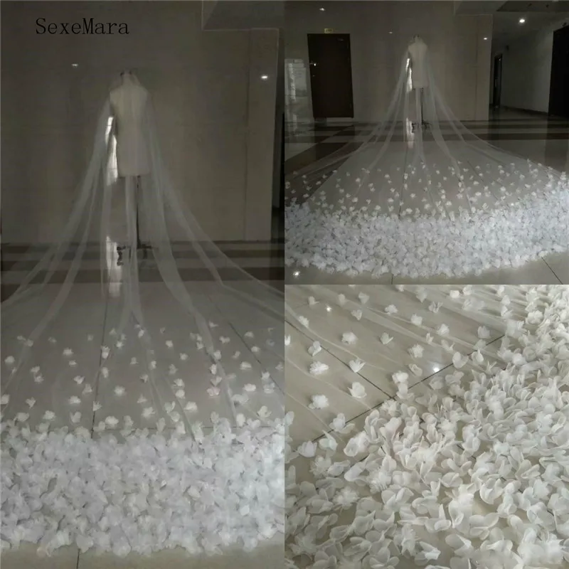 Роскошная свадебная фата с 3D цветами Длинная для собора аппликация реальное