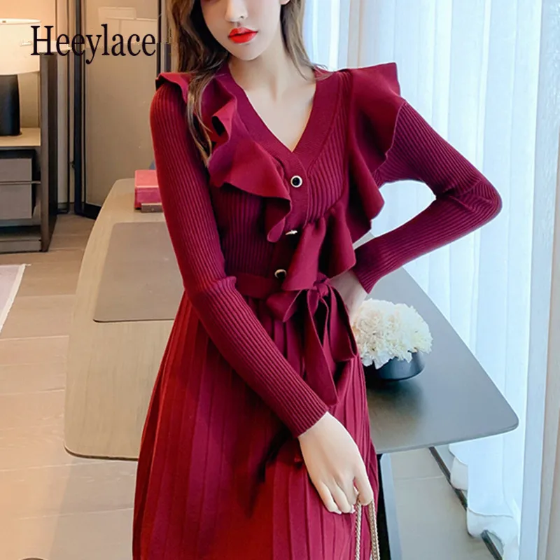 

2021 New Autumn Winter Women Casual Knitted Long Dresses Long Sleeve V-Neck Ruffles Decorated Sweater Dress for Ladies