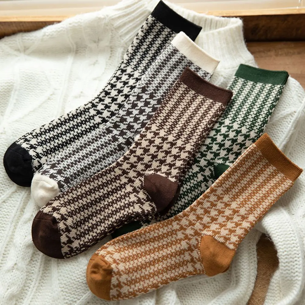 

New Autumn Winter Cotton Socks Houndstooth Lattice Plaid Pattern Sock Thickened Warm Print Retro Fashion Lady Sox