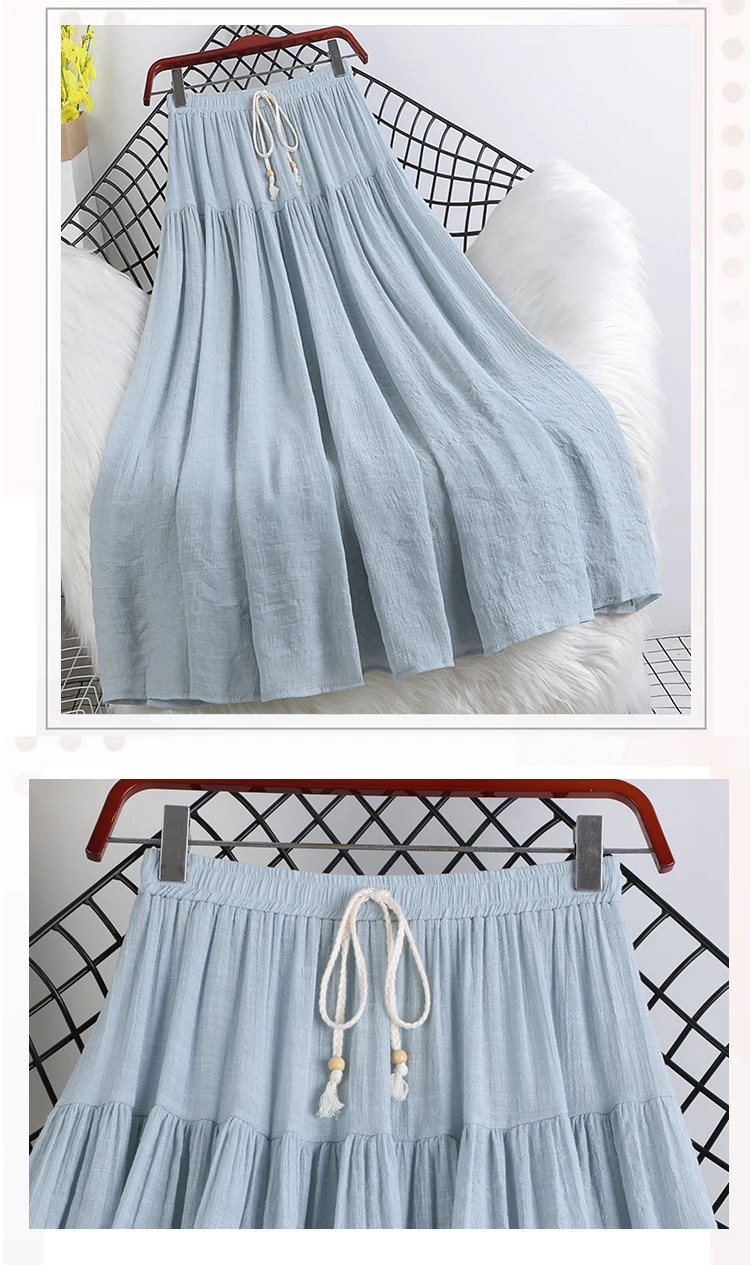 

2020 New Summer Women Skirt High Waist A-Line Cotton and linen Loose Solid Color Casual Skirt Women T308