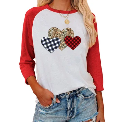 

Spring And Autumn Women's Top Love Round Neck Raglan 7 / 6 Sleeve T-Shirt Casual Loose Stitching Women's T-Shirt