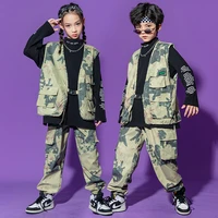kid kpop hip hop clothing camo sleeveless jacket top streetwear military tactical cargo pants for girl boy dance costume clothes