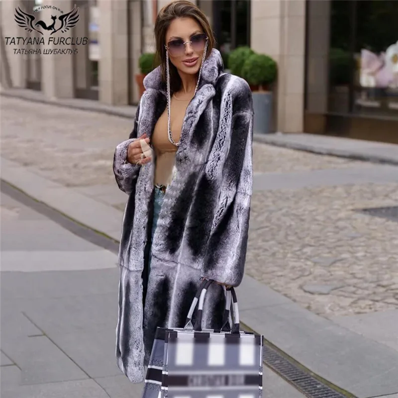 110cm Long Natural Real Chinchilla Color Rex Rabbit Fur Coats With Lapel Collar 2022 New Winter Fashion Rex Rabbit Fur Coat Long enlarge