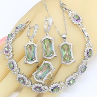 geometric rainbow zircon 925 silver wedding jewelry sets for women necklace pendant earrings rings bracelet gift box