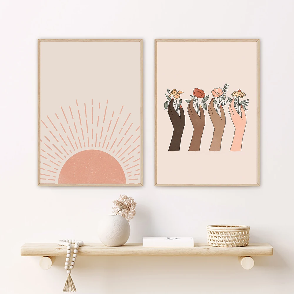 Женский холст среднего века нейтральные цвета постер цветы руки настенная