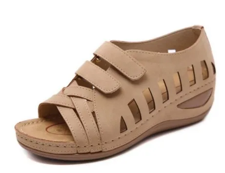 

Low Heels Casual Woman Shoe Solid Sewing Rubber Wedges Slip-On Hook & Loop Fabric Leisure Peep Toe PU Basic Lace-Up Casual Woman