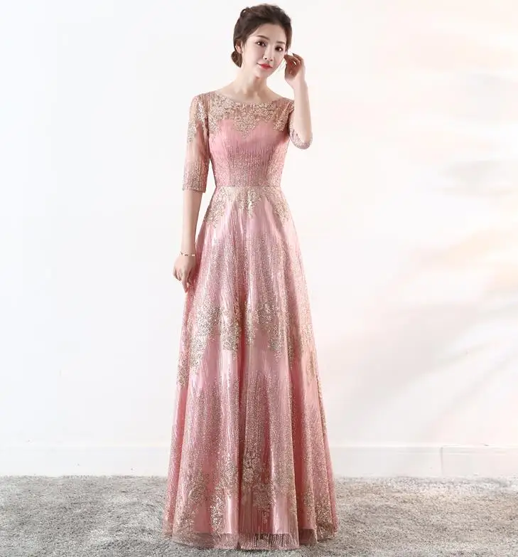 Gold pink Плюс размер, свадебное Выходное платье, Новое кружевное, с блестками, с коротким рукавом, а-силуэт, серебро, цвет шампанского, золотой, темно-синий, розовое платье подружки невесты, длинное - Цвет: Gold pink