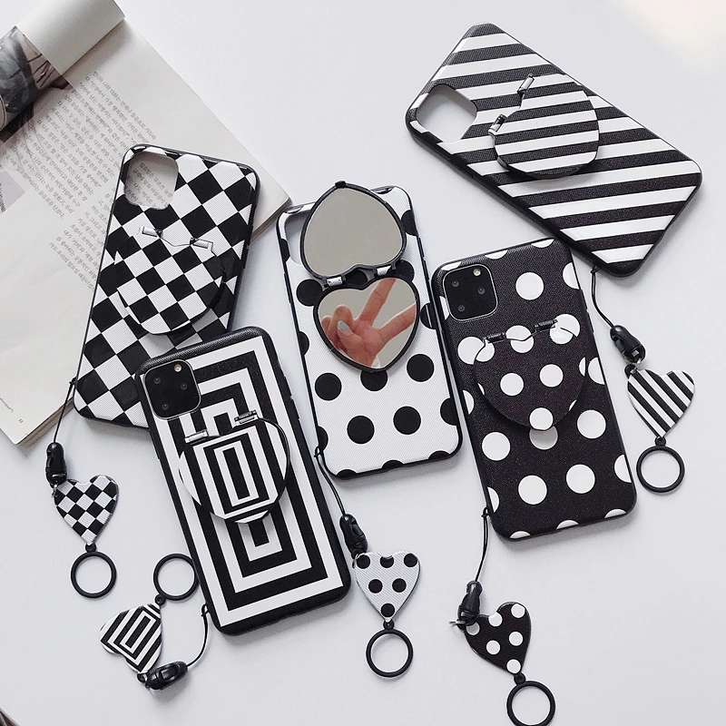 Heart Shaped Lanyard Mirror Case for Apple IPhone 11 Pro Max X XS XR 6 6S 7 8 Plus Black White Phone Back Cover Fashion |