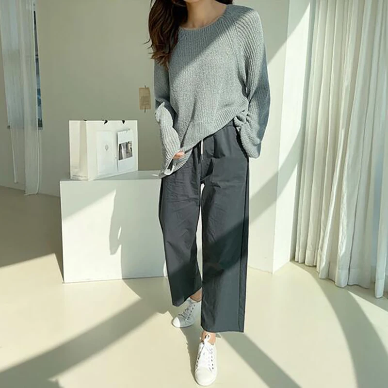 Свитер Женский вязаный с длинным рукавом однотонный Свободный пуловер в