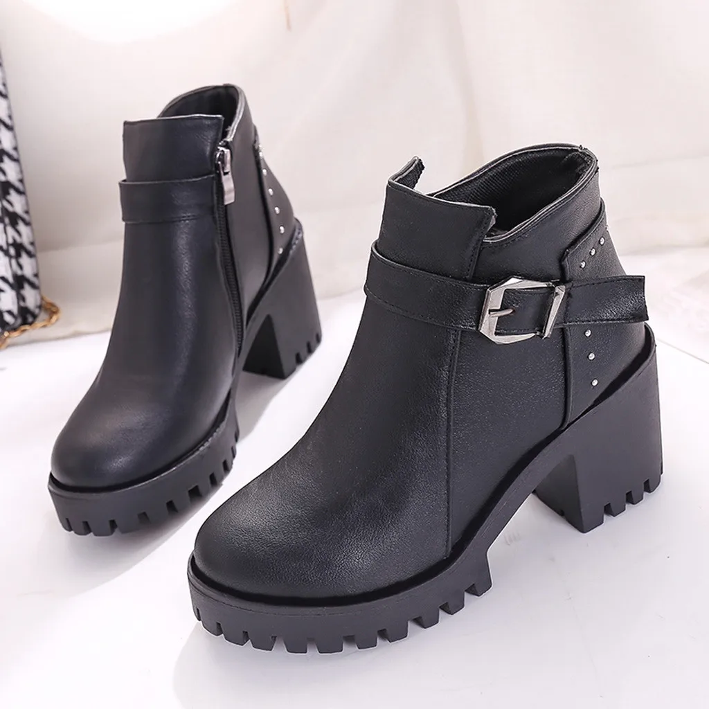 SAGACE Women Autumn Winter Ankle Boots Round Toe Heels Leather Booties Shoes Ladies Vintage Chunky | Обувь