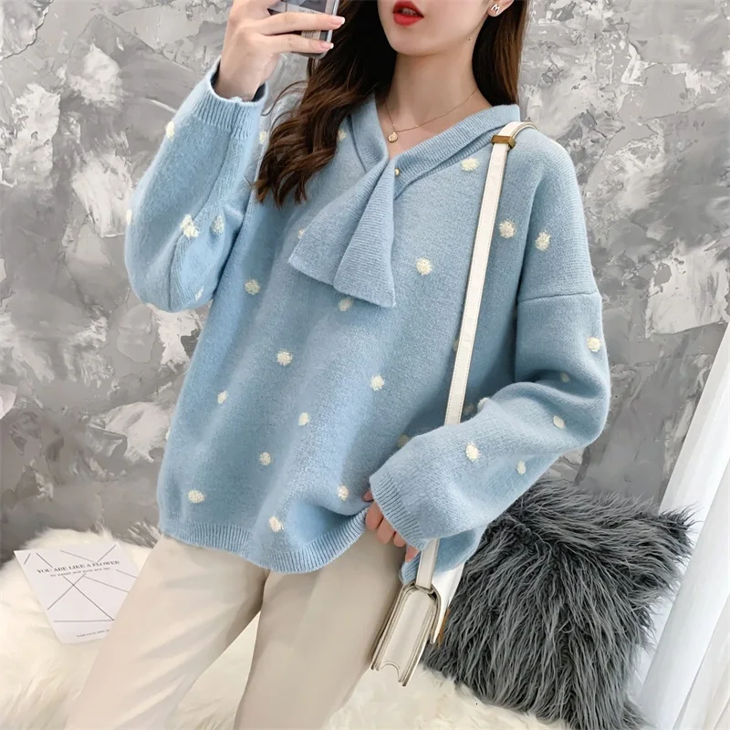 H.SA Women Winter Sweaters Long SLeeve Crew Neck Pink Pullover and Sweater Polka Dots Bow Sweaters Kawaii Knitwear Tops