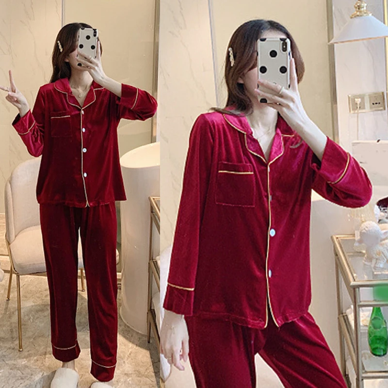 

Autumn Winter Pleuche Pajamas Set Women V Neck Long Sleeves Nightgown Plaid Cardigan Buttoned Thicken Flannel Sleepwear Suits