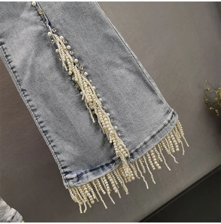 

Jeans for Women 2021 Summer New Fashion Elastic High-waist Slimming Loose Trousers Split Diamond Beaded Bootcut Jeans Pants