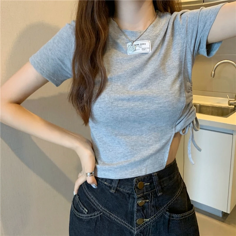 

Side Drawstring Minority Short Sleeve Crop Tops Women New Trend O Neck Plain Solid Sexy Skinny T Shirts Summer Autumn Basic Tees