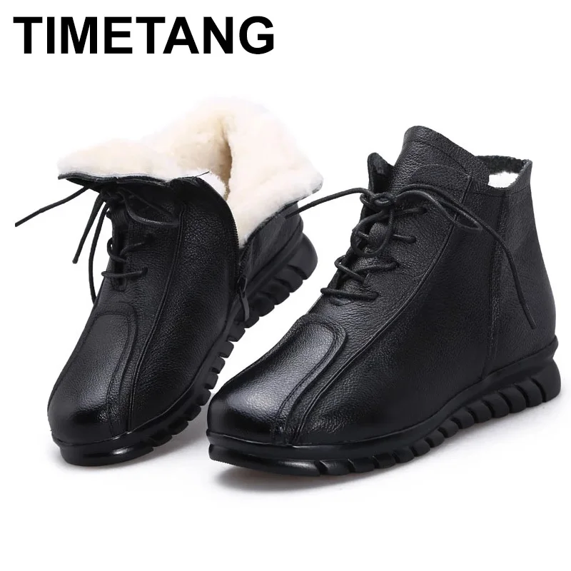 

TIMETANG 2021 Fashion Winter Flat Ankle Boots For Women Snow Boots 100% Genuine Leather Shearling Wool Fur Warm Shoes Women Boot