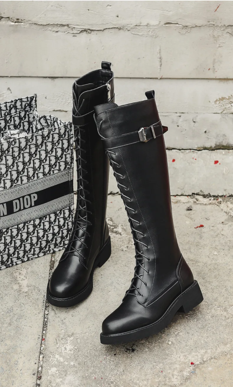 Fujin/женские сапоги до колена с пряжкой Черные мотоботы на шнуровке Зимние