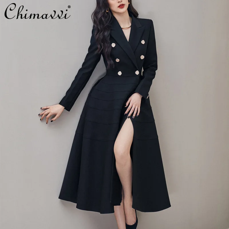 

2021 Autumn Dress High-End Black Long Sleeve Rhinestone Buttons Split Suit Collar Dress High Waist Slim Elegant Big Hem Dresses