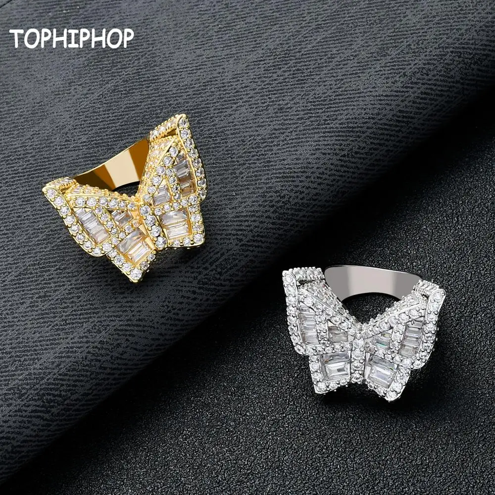 

TOPHIPHOP Butterfly Ring CZ Men's Ring Copper Gold Silver Fashion Micro-Dense Zircon Inlaid All Ice Hip Hop Ring Jewelry Gift