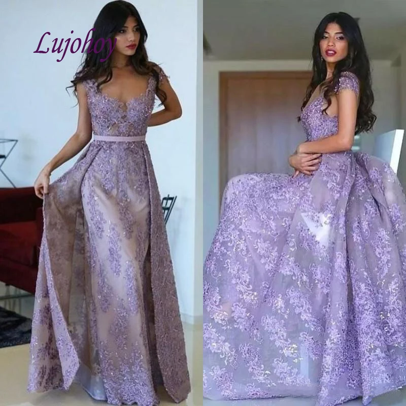 

Lilac Long Lace Evening Dresses Party Sexy Plus Size Detachable Train Skirt Women Ladies Prom Formal Dresses Evening Gown