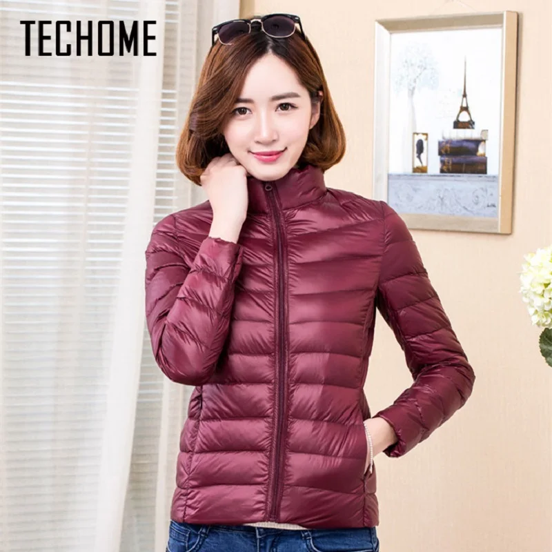 TECHOME Новое Женское пальто ультра легкий пуховик женские короткие воротник стойка