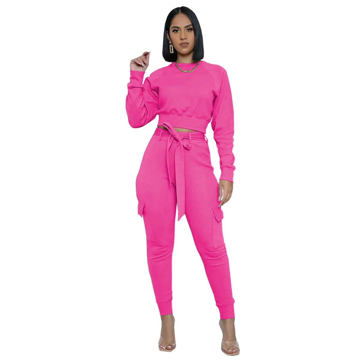 

Cutubly Two Piece Set Pockets Lace Up Casual Two Piece Set For Women Fashion Long Sleeve Spring O-Neck Slim Suit Tracksuits 2021