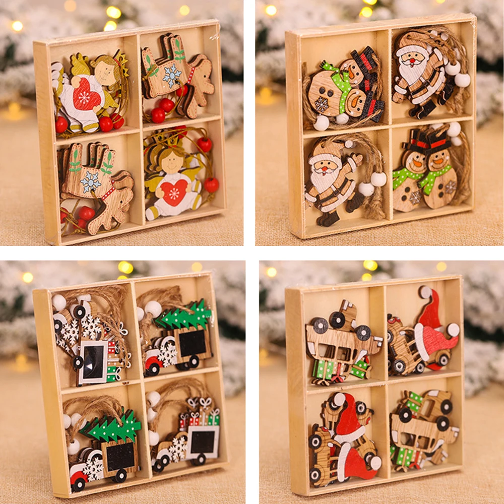 

12PCS Wooden Christmas Tree Xmas Hanging Decorations Hanging Craft Gift Wooden Pendant Ornaments DIY Christmas Hanging Pendant