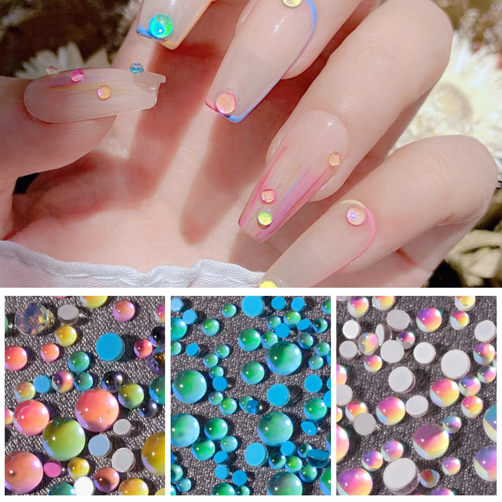 

Candy Colors Mixed Size Mermaid Round Glass Crystal Beads AB 3D Nail Art Rhinestones DIY Flatback Acrylic Stones Decorations