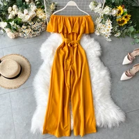 summer womens jumpsuit one neck off shoulder ruffled lace up jumpsuit with new waist and thin high waist wide leg pants ll017