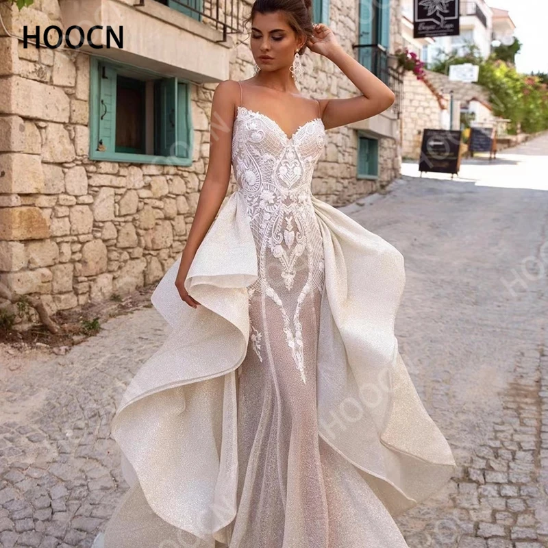 

HERBURNL Sexy Delicate Ladies Sling Lace Multilayer Trailing Applique Bridal Dress Ivory Elegant Vestido De Mariee Wedding Dress