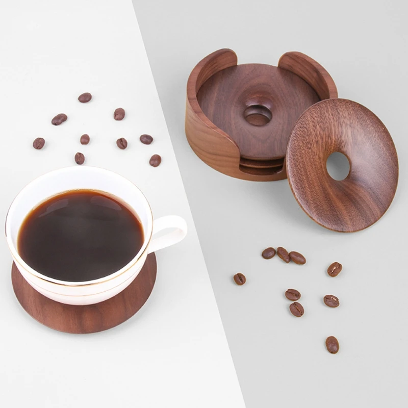 

Natural Wooden Round Coaster with Holder Rack Heat-Resistant Placemat Cup Pad