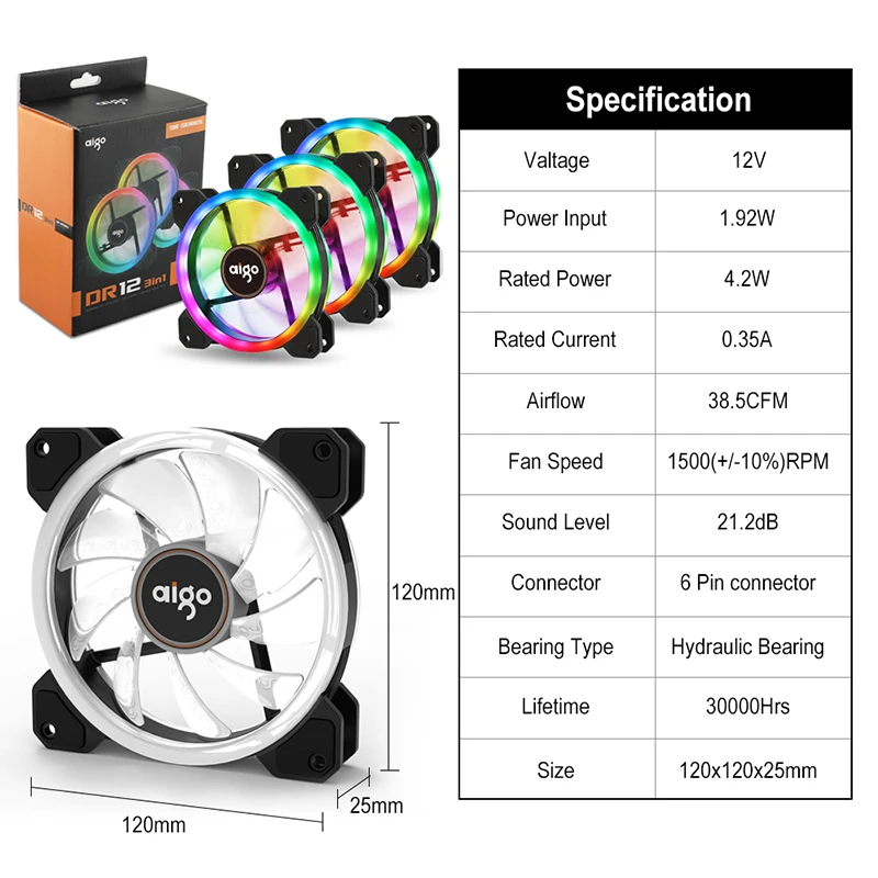 Чехол для компьютера Aigo darkFlash DR12 охлаждающий вентилятор ПК двойная аура RGB 120 мм